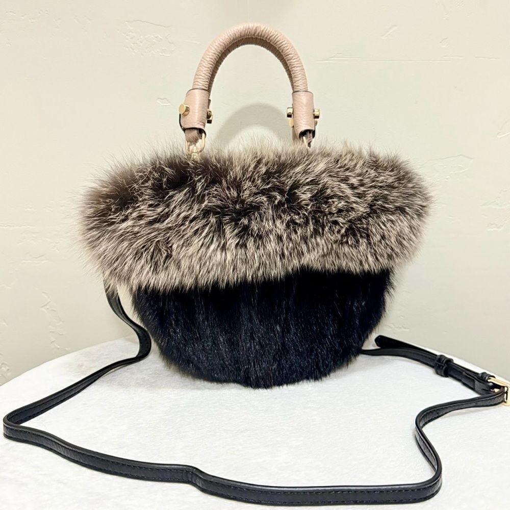 Colorblock Handmade Real Mink Fur & Fox Fur Removable leather Handles Bag